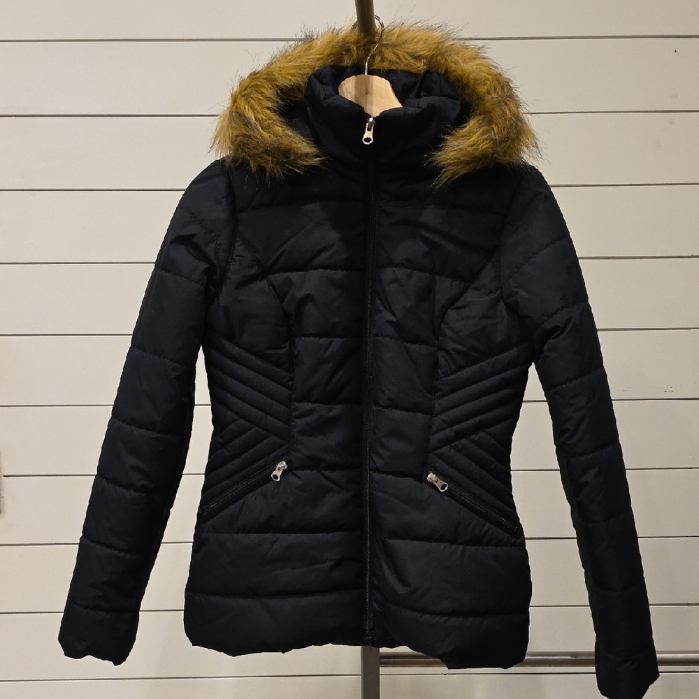 Krush Black Puffer Jacket with Faux Fur Trim